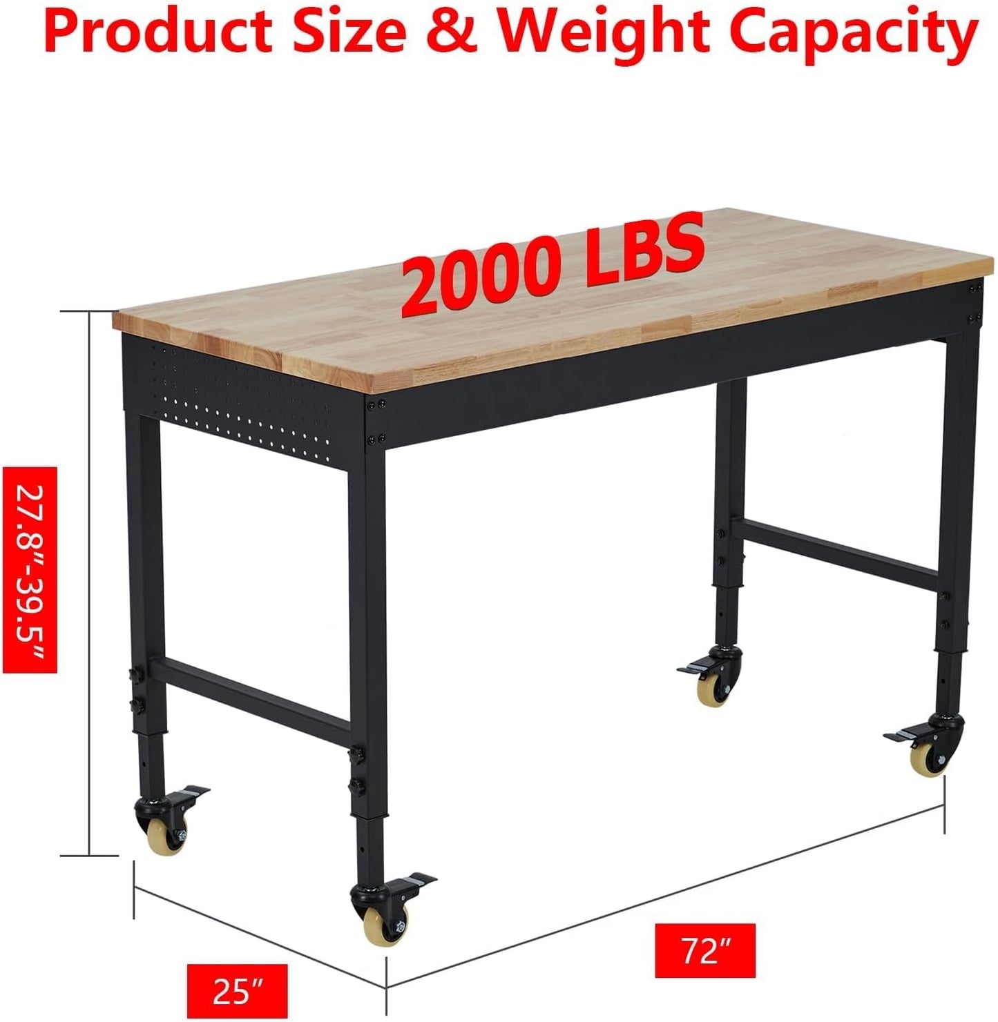 72'' Adjustable Workbench, Heavy Duty Workbench with Power Outlet and Lockable Wheels, 2000 LBS Capacity, Work Table Suitable for Office, Garage, Workshop
