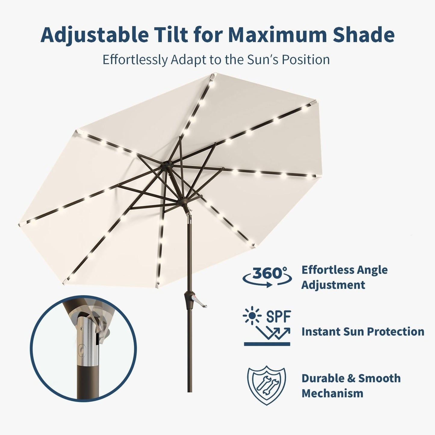 10FT Solar Umbrella 32 LED Lighted Patio Umbrella Table Market Umbrella w/Tilt and Crank, UV-Resistant Outdoor Umbrella for Pool, Garden, Deck, Creamy White