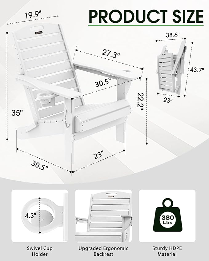 Adirondack Chairs Set of 6, Outdoor Fire Pit Chairs, HDPE All-Weather Adirondack Chairs with Cup Holder, Lawn Chair for Deck, Patio, Garden (White)