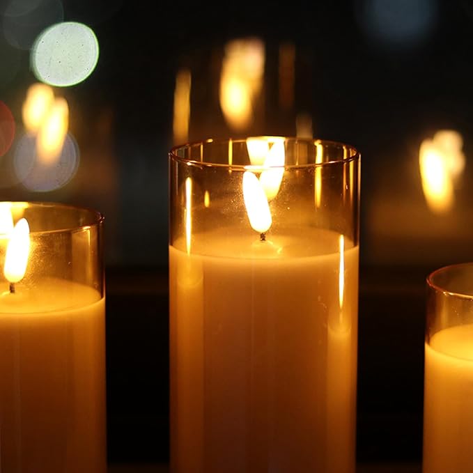Glass Flameless Candles with Remote Timer,LED Candles Flickering Battery Operated with 3D Wick,Candle Holders Table Centerpiece Decoration for Home Wedding Birthday Festival(Gold)
