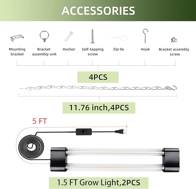 18inch 2 Pack LED Grow Lights - Linkable Grow Lights for Indoor Plants, Full Spectrum Plant Lights Plug and Hanging Design with On/Off Switch Hanging Grow Light from seedling to Flowering, Black