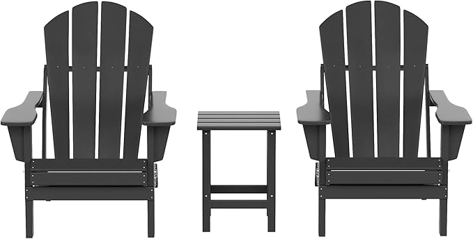 WO Home Furniture Adirondack Chairs Table Set of 3 PCS Outdoor Folding Chairs Side End Table Weather/UV Resistant for Lawn, Garden, Bon Fire, Balcony (Grey)