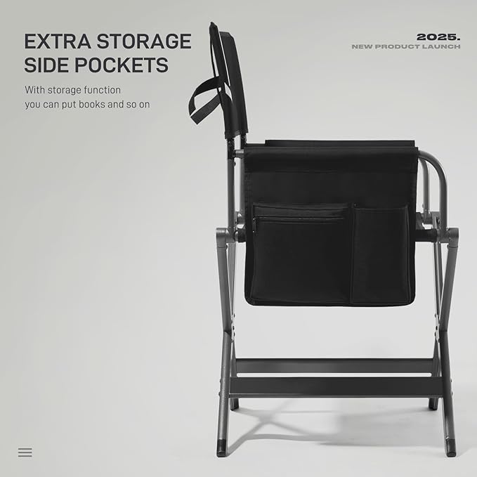 EVER ADVANCED Aluminum Lightweight Directors Chair Foldable, Folding Studio Movie Chairs Camping Event Vendor Chair, 19" Seat Height Black Fabric/Grey Frame, Support 350lbs