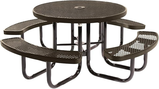 Coated Outdoor Furniture Heavy-Duty Portable Outdoor Picnic Table with Umbrella Hole, Expanded Metal Commercial-Grade Patio Dining Furniture Made in America (46" Round Top, Textured Brown)
