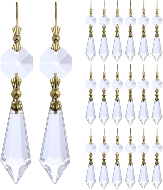 HDCRYSTALGIFTS 20Pcs 38mm Replacement Clear Chandelier Icicle Crystal Prisms Octogan Crystal Bead for Lamp Decor,Gold Bow Tie Connectors