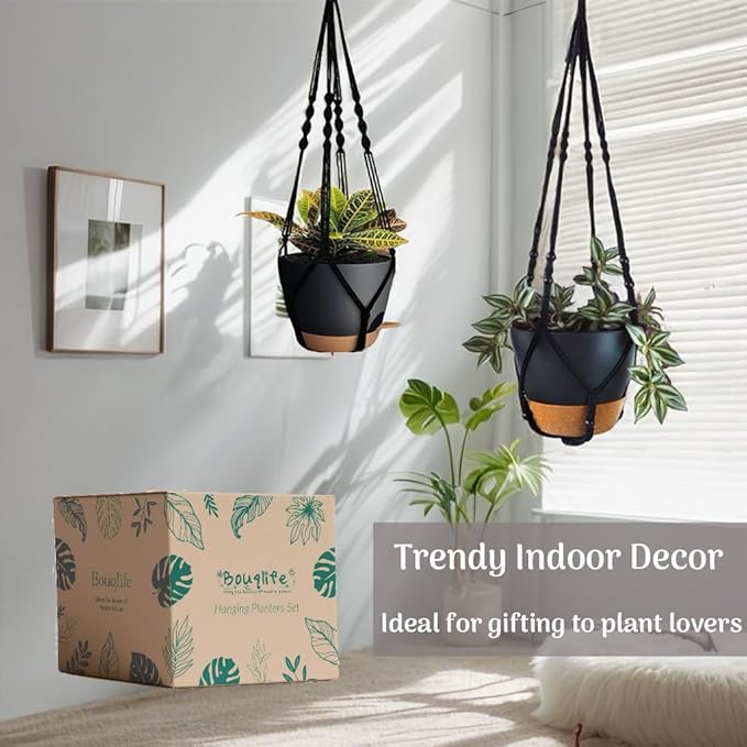3 Pack Self Watering Hanging Planters Macrame Plant Hangers with Indoor Flower Pots 10" / 8" / 7", 3 Different Size Hanging Basket, Plant Hanger with Hooks for Garden Home Decor Black Large