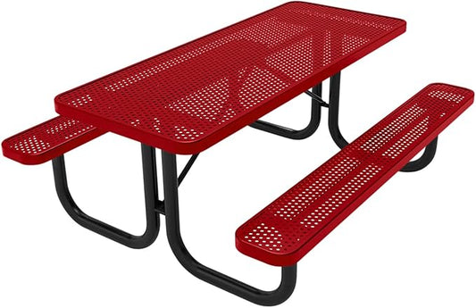 Coated Outdoor Furniture Heavy-Duty Portable Outdoor Picnic Table, Thermoplastic Coated Punched Steel Commercial-Grade Patio Dining Furniture Made in America (6ft Rectangular, Textured Red)