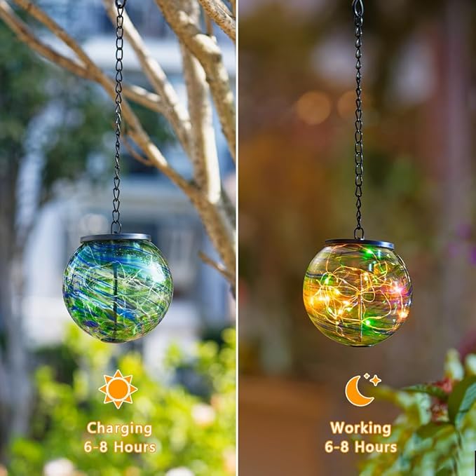 Color Changing Hanging Solar Lanterns Outdoor Waterproof LED Glass Solar Globe Light with S Hooks,Gazing Ball Outdoor Decorative Lanterns for Patio,Pathway,Yard,Garden Decor Gift for Women