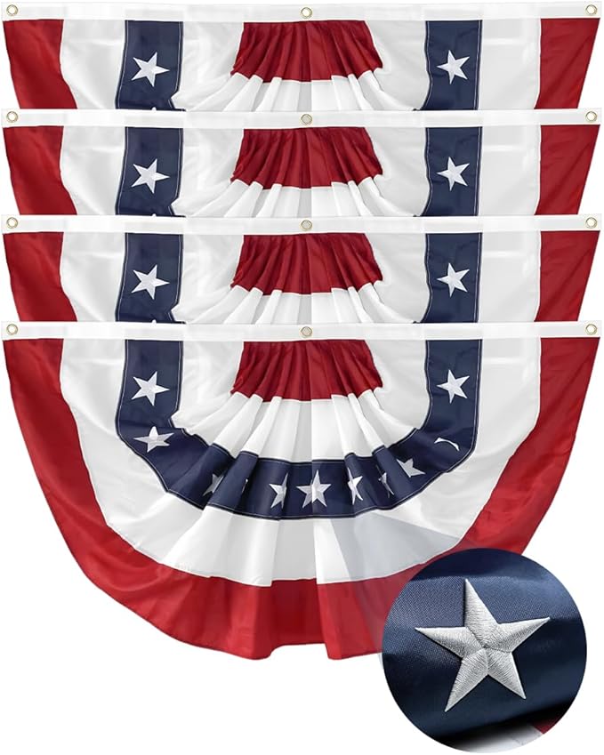 4Pack American Bunting Flag 2x4 Ft Patriotic Bunting Flags 4th of July Decor Outside Porch USA Pleated Half Fan Flag Decorate Garden Embroidered Star Red White & Blue Stripe Banner