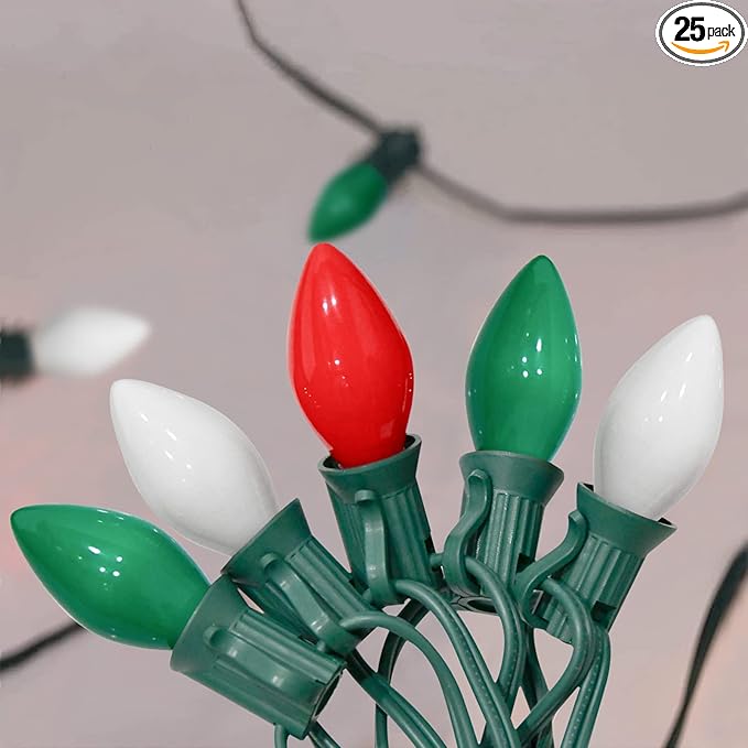 25Ft Christmas Lights Outdoor, C7 Vintage Christmas Lights with 27 Red White and Green Ceramic Bulbs, Hanging Outdoor Decorations Light Waterproof for Holidays Patio Garden Party Roofline