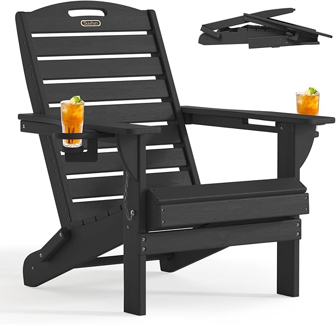 Folding Adirondack Chair HDPE All-Weather Adirondack Chairs with Cup Holder, Outdoor Fire Pit Chairs Lawn Chair for Deck Patio Garden (Black)