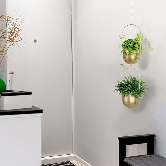 AceList Boho Hanging Planter, Set of 2 Gold Metal Plant Hanger with Hooks and Chains, Modern Wall & Ceiling Planters Outdoor/Indoor Hanging Planter for Window, Porch, Balcony and Home Décor
