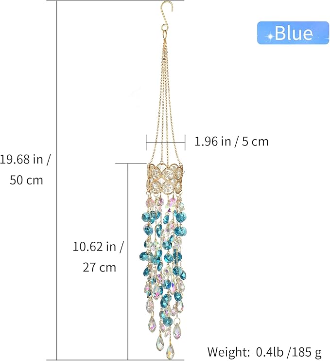 Hanging Window Garden Crystal Sun Catcher, Gold-Plated Sun Catcher for Indoor and Outdoor Decoration, Light Catcher, Party Crystals (Blue)
