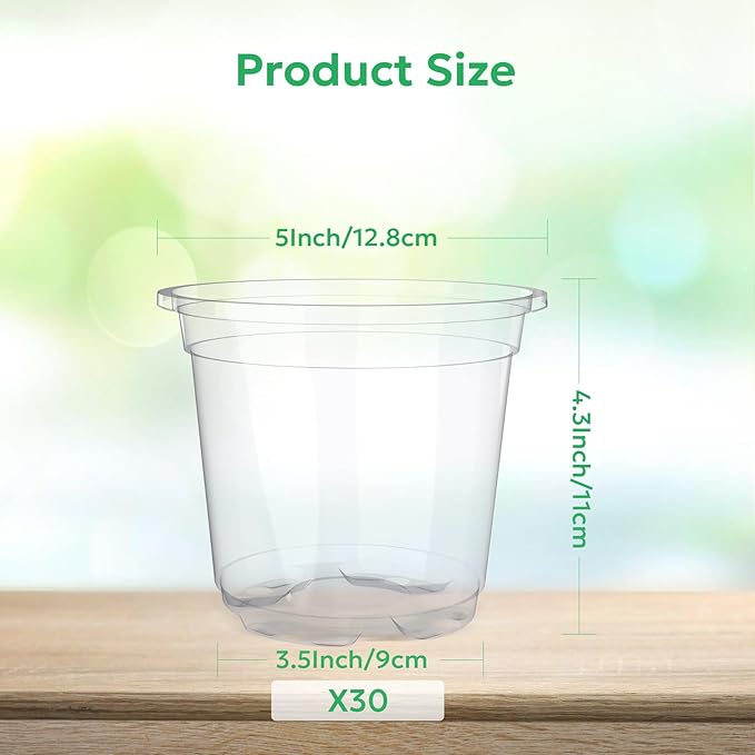 30 Packs 5 Inch Reinforced Clear Nursery Pots with Drainage Hole, Transparent Variety Pack Plastic Plant Pot Seedling Planter Seed Starter Flower