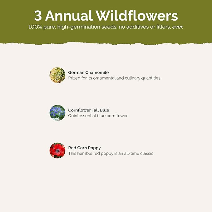 Eden Brothers Field of Dreams Flower Mixed Seeds for Planting, 5 lb, 2,400,000+ Seeds with German Chamomile, Cornflower | Attracts Pollinators, Plant in Spring or Fall, Zones 3, 4, 5, 6, 7, 8, 9, 10