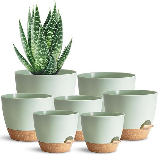 Self Watering Plant Pot with Drainage Hole,Plant Pots Outdoor Flower Pots for Indoor Plants,Modern Green Plastic Self Watering Planters Succulent Pot 7pcs/Set