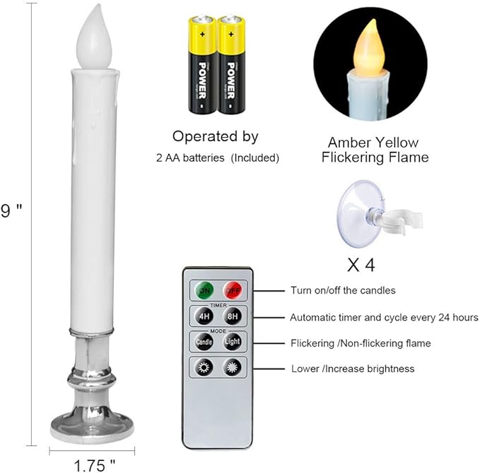 DRomance 9" Flameless Window Taper Candles Battery Operated with 8-Key Remote and Timer, 4 Pack White Christmas Holdiay Window Candles with Silver Holders, Suction Cups and AA Batteries Included