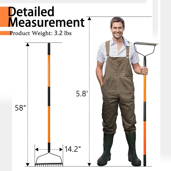 Garden Rake - 14 Tine Heavy Duty Rake with 58 Inch Fiberglass Handle