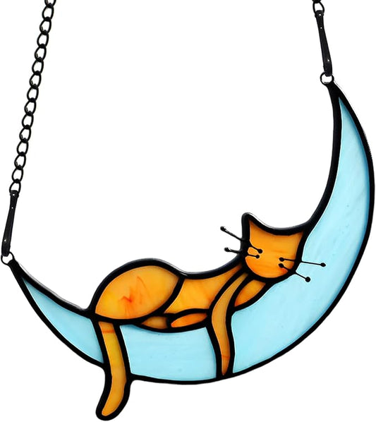 BOXCASA Sleeping Cat Stained Glass Windown Hanging,Orange Cat on Moon Beautiful Handcrafted Sun Catcher Gifts for Daughter,Mothers Day,Christmas and Cat Lover