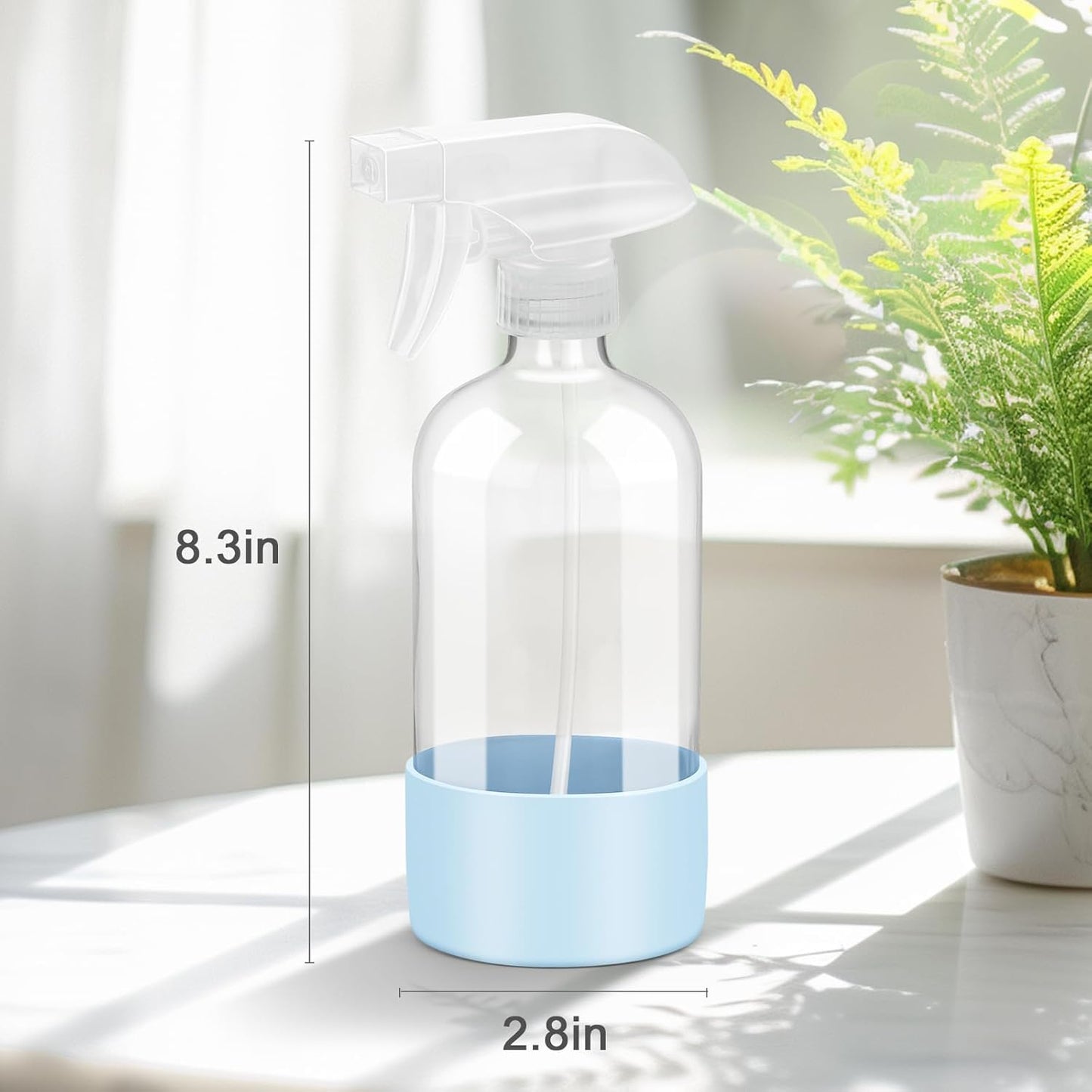 2 Pack Glass Spray Bottles with Silicone Sleeve, 16 oz Empty Refillable Containers with Adjustable Spray Nozzles, Spray Bottles for Hair, Cleaning Solutions and Plants Blue