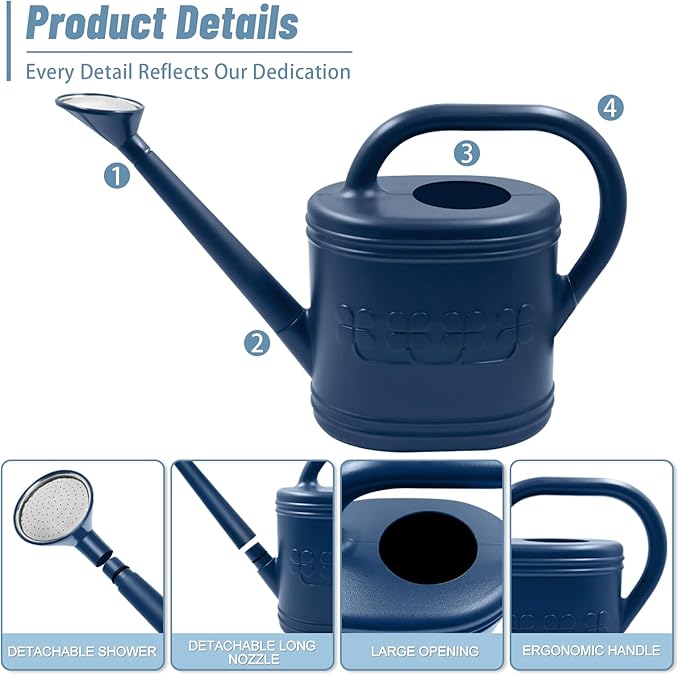 2 Gallon Watering Can, Outdoor Watering Can for Plants, Garden Water Can with Removable Long Spout and Stainless Steel Sprinkler Head, Large Water Can for Greenhouse (Dark Blue, 2 Gallon)