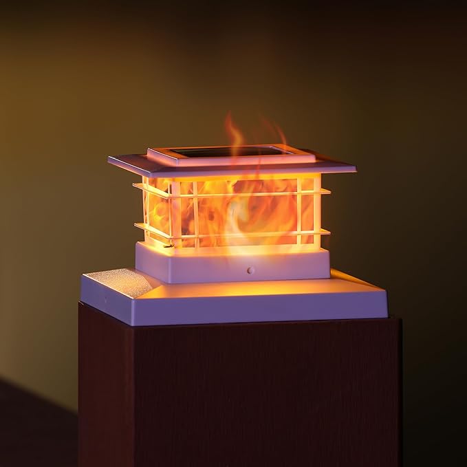 Dynaming 4 Pack Solar Flame Post Lights Outdoor, Solar Powered Fence Post White Shell Cap Light, High Brightness Flickering Flame LED Lighting for Garden Deck Patio, Fit 4x4 5x5 6x6 Vinyl/Wooden Posts