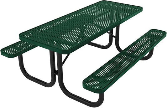 Coated Outdoor Furniture Heavy-Duty Portable Outdoor Picnic Table, Thermoplastic Coated Punched Steel Commercial-Grade Patio Dining Furniture Made in America (6ft Rectangular, Textured Green)