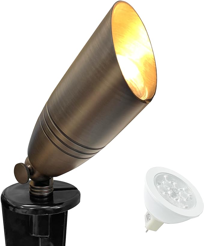 GKOLED UL Listed Solid Brass Landscape Spotlight, Low Voltage Outdoor Directional Uplight, with 5W MR16 LED Bulb & Large Rugged Slot Spike, 12V AC/DC Garden Patio Spot Up Light