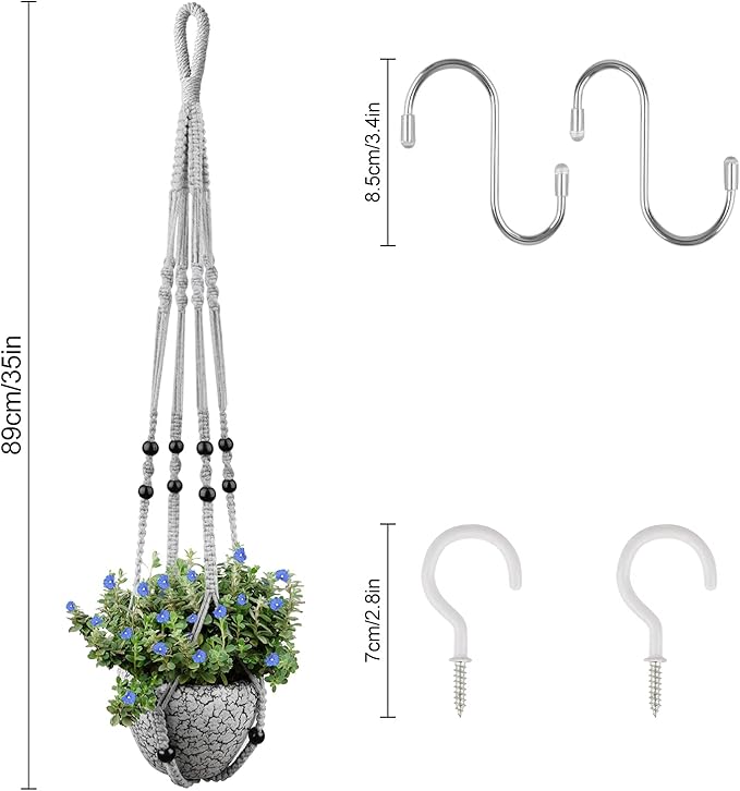 Macrame Plant Hanger for 5 to 10 Inch Plant Pots, Set of 2 Indoor Handmade 35 Inch Woven Rope Hanger Kits with Hooks and Wood Beads, Hanging Planter Basket Holder for Boho Home Decor (Grey, 2 Pack)
