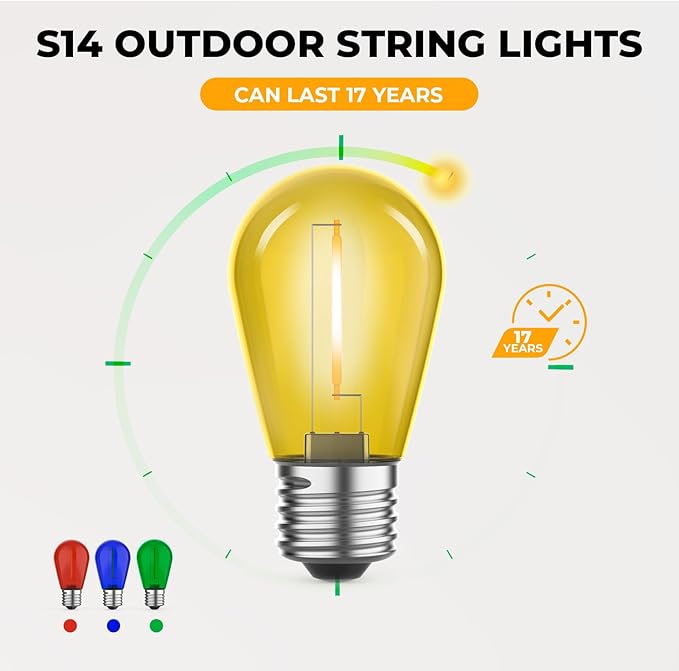 15 Pack S14 Colored LED String Light Bulbs, 1W Plastic Shatterproof Replacement Bulbs for Outdoor Patio Backyard Lights, E26 Medium Base, Dimmable, Warm White 2200K, Red/Green