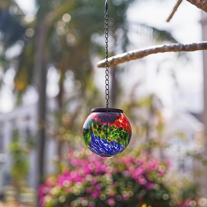 Hanging Solar Lanterns Outdoor Waterproof, Hanging Glass Solar Lantern with Hook, Gazing Ball Lantern Decor for Tree Yard Patio