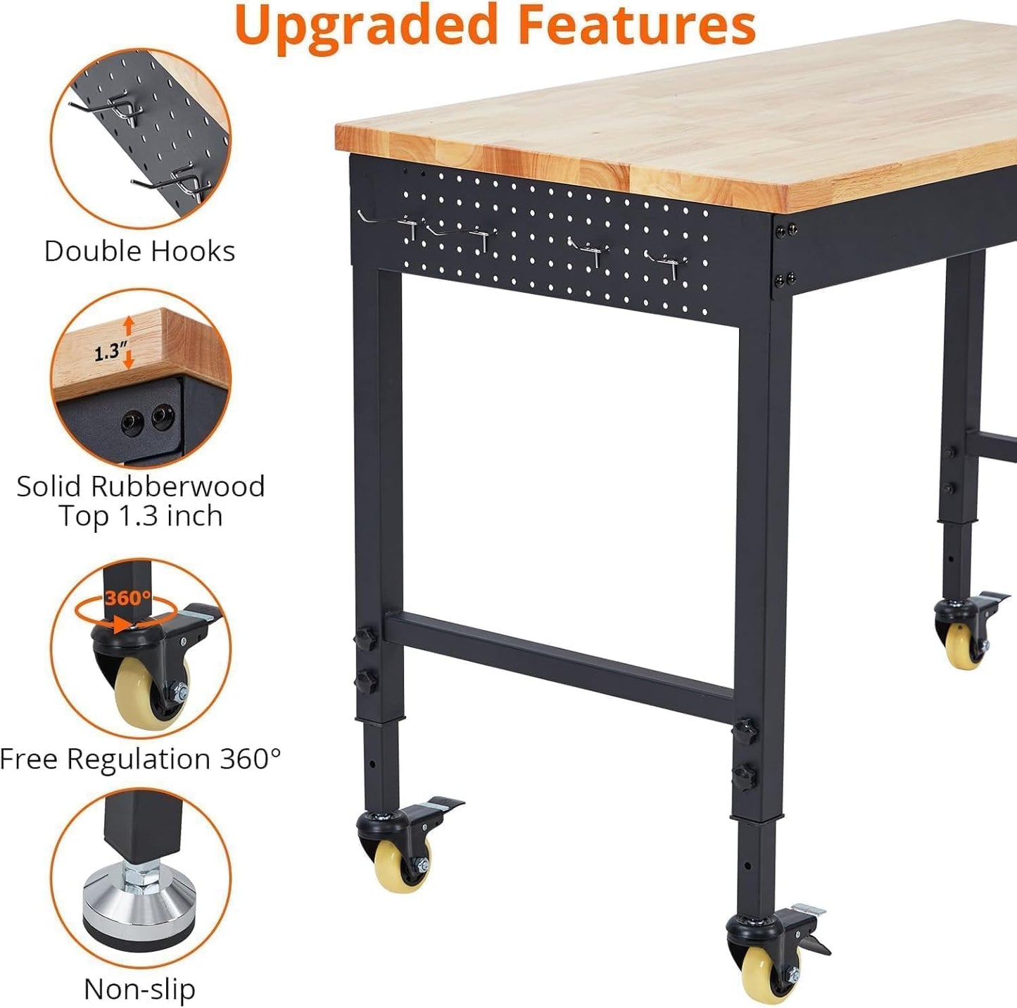 48x24 Inch Garage Workbench with Wheels, Adjustable Rubber Wood Top Garage Workbench with Power Outlet, 2000 Lbs Load Capacity for Workshop, Woodworking, Office