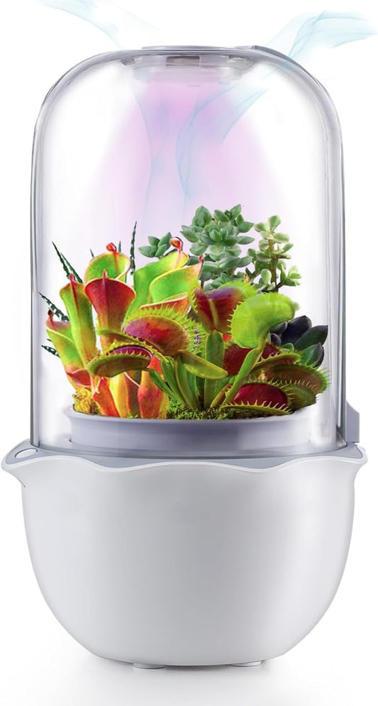 Smart Venus Fly Trap Terrarium Pot with Timer&Fan,Succulent Planter with Grow Light,Indoor Plant Pots Terrarium with Drainage Hole for Carnivorous Plants,Sundew Moss,Cactus(No Plant)