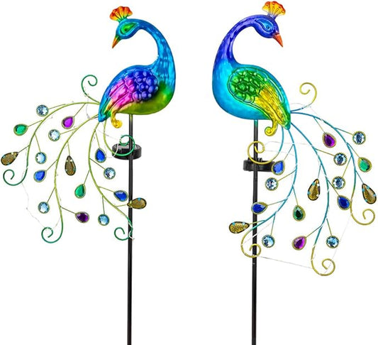 DREAMSOUL 2 Pack Peacock Solar Lights Outdoor, Waterproof Metal Peacock Outdoor Solar Lights for Yards Pathway Lawn Decoration Peacock Gifts
