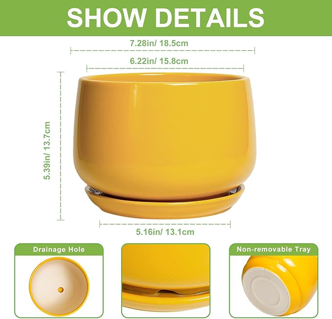 G EPGardening Ceramic Pots for Plants - 7 Inch Plant Pot with Drainage Hole and Saucer, Modern Ceramic Planter for Indoor Outdoor, Round Flower Planter, Gifts for Plants Lovers, Home Decor, Yellow