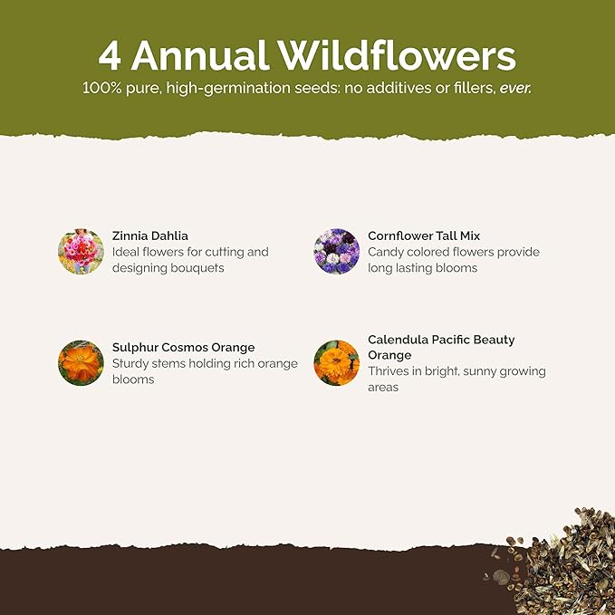 Eden Brothers Jellybean Flower Mixed Seeds for Planting, 1 oz, 30,000+ Seeds with Zinnia, Cornflower, Cosmos, Calendula | Attracts Pollinators, Plant in Spring or Fall, Zones 3, 4, 5, 6, 7, 8, 9, 10