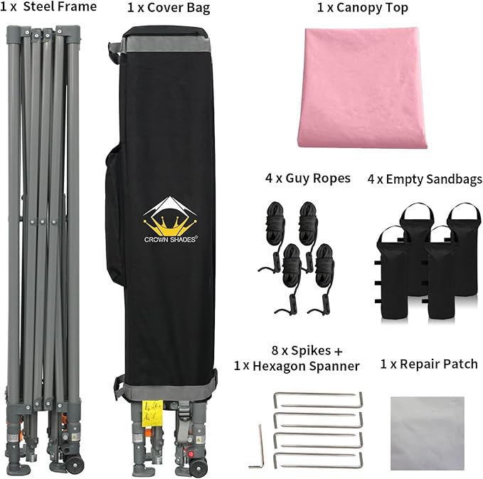 CROWN SHADES Adjustable Height on The Fly, 10x10 Pop Up Canopy - Beach Tent with One Push Setup - Easy Outdoor Sun Shade for Events, Parties, Camping - Outside Shade with STO-N-Go Bag, Pink