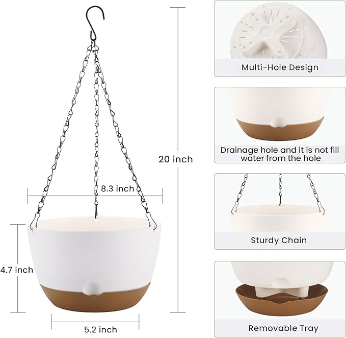 8.3 Inch Hanging Planter, 3 Pack Hanging Plastic Plant Self Watering Pot with Drainage Holes and Saucers, Hanging Baskets Flower Pots for Indoor Outdoor Garden Plants and Flowers-White