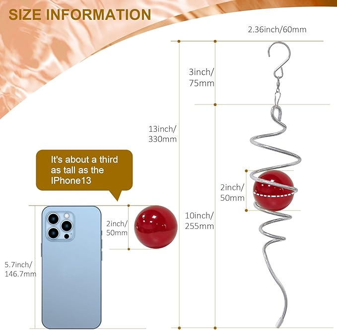 Gazing Ball Spiral Tail Red Glass Orb, Wind Spinner Stabilizer, Spiral Tail for Wind Spinners, Hanging Garden Ornament Rotating Art Decor - Visual Illusion in Spinning, Creative Gifts 13inch