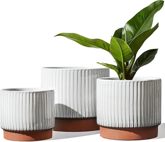LE TAUCI Ceramic Plant Pots with Drainage Holes, Set of 3, 8+6.7+5.5 Inch Stripe Garden Planter Pots for Outdoor Indoor Plants Flower, Round Succulent Orchid Flower Pot, Reactive Glaze White