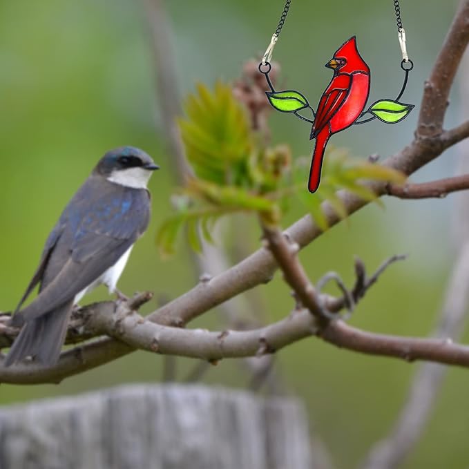 Cardinal Suncatcher, Small Stained Glass Birds Window Hanging Decoration