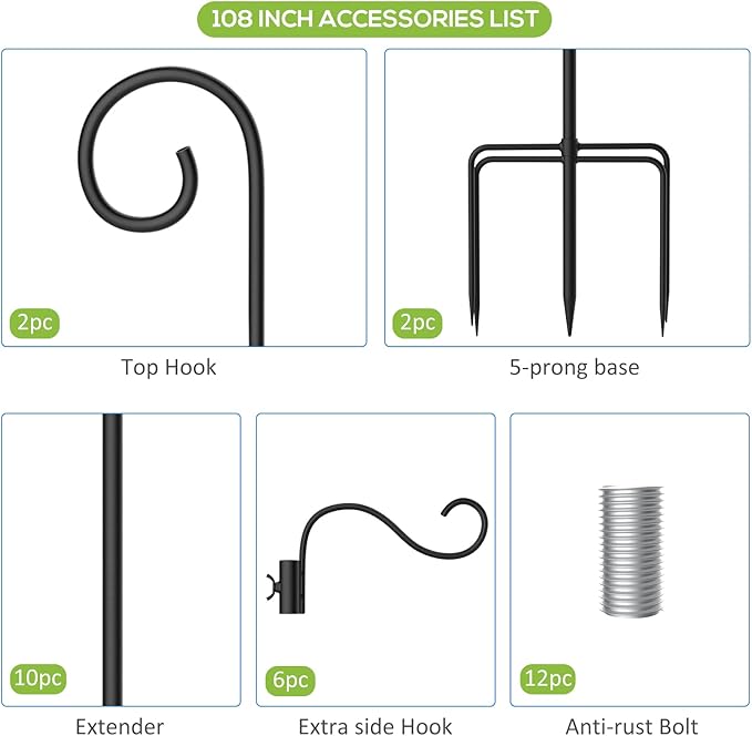 108 Inch Shepherds Hooks for Outdoor 2 Pack, Bird Feeder Poles with 4 Hooks, Shepherds Hook for Bird Feeders Outside with Base, Garden Pole for Hanging Plant Baskets, Weddings Decor (108 Inch)