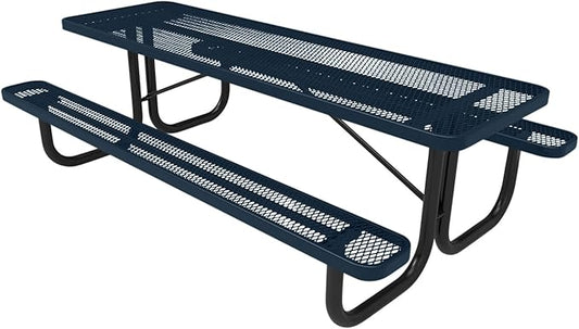Coated Outdoor Furniture Heavy-Duty Portable Outdoor Picnic Table, Thermoplastic Coated Expanded Metal Commercial-Grade Patio Dining Furniture Made in America (8ft Rectangular, Dark Blue)