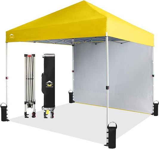 CROWN SHADES 8x8 Pop Up Canopy with 1 Side Wall - Beach Tent with One Push Setup - Outdoor Sun Shade for Events, Parties, Camping - Gazebo with STO-N-Go Cover Bag (Yellow)