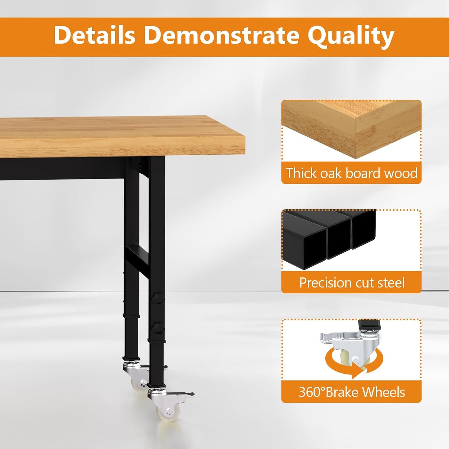 60" Adjustable Height Workbench with Wheels, Heavy-Duty Solid Wood Work Table with Power Outlets, 2000 LBS Capacity Workstation for Garage, Workshop(60" X 24")