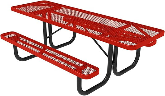 Coated Outdoor Furniture Heavy-Duty Portable ADA-Compliant Outdoor Picnic Table, Expanded Metal Patio Dining Furniture Made in America (8ft Rectangular, Both-Side Handicap, Red)