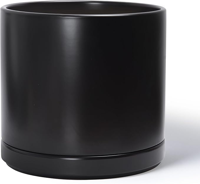 D'vine Dev 14 Inch Ceramic Planter Pot with Drainage Hole and Saucer, Indoor Cylinder Round Planter Pot, Black, 94-O-G-2