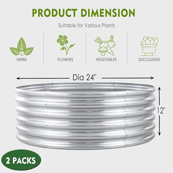 FORTUNO 2 Pcs 2 Ft Round Raised Garden Bed Box Galvanized Metal Outdoor Flower Bed Steel Patio Ground Planter for Planting Vegetables and Herbs, Silver