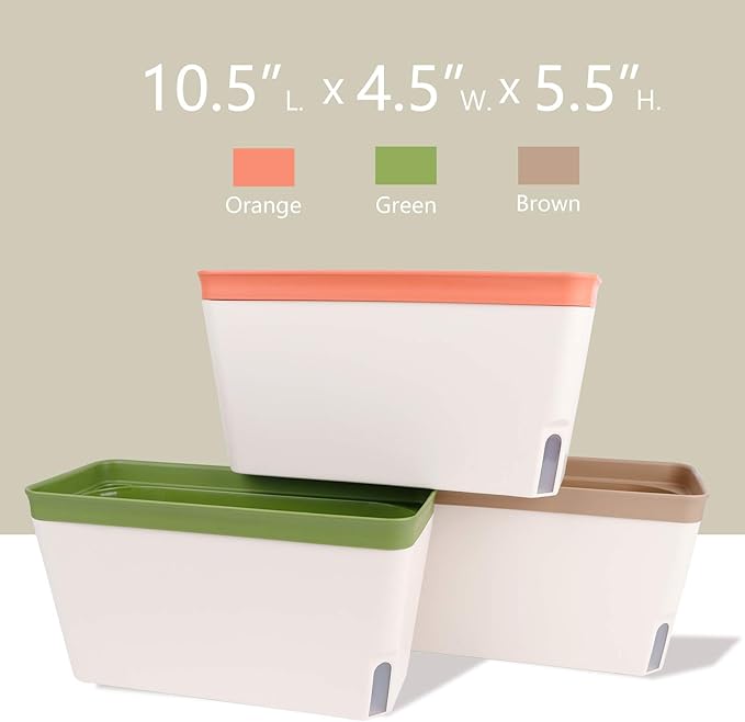OurWarm Windowsill Herb Planter Box, Set of 3, Self Watering Plant Pots, 10.5 Inch Rectangular Planter Pots, Decorative Garden Flower Pots for indoor plants, Herbs, Vegetables, Flowers (3 Colors)