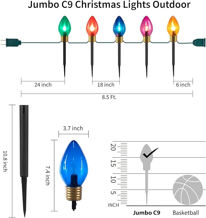 Christmas Lights Jumbo C9 Outdoor Lawn Decorations with Pathway Marker Stakes, 8.5ft C7 Lights Covered Jumbo Glitter Multicolor Bulb for Holiday Outside Yard Garden Decor, 5 Lights